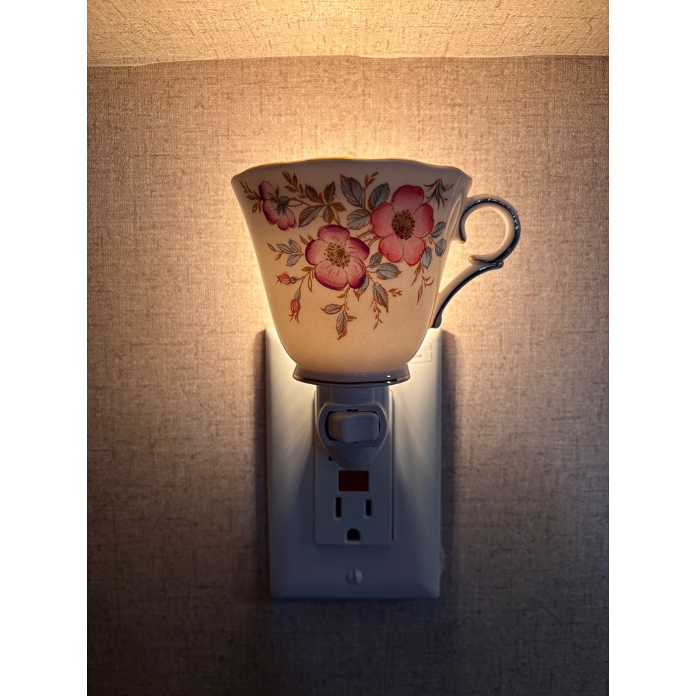 Handcrafted Vintage Teacup Night Light Floral Porcelain Cottagecore Wall Plug In